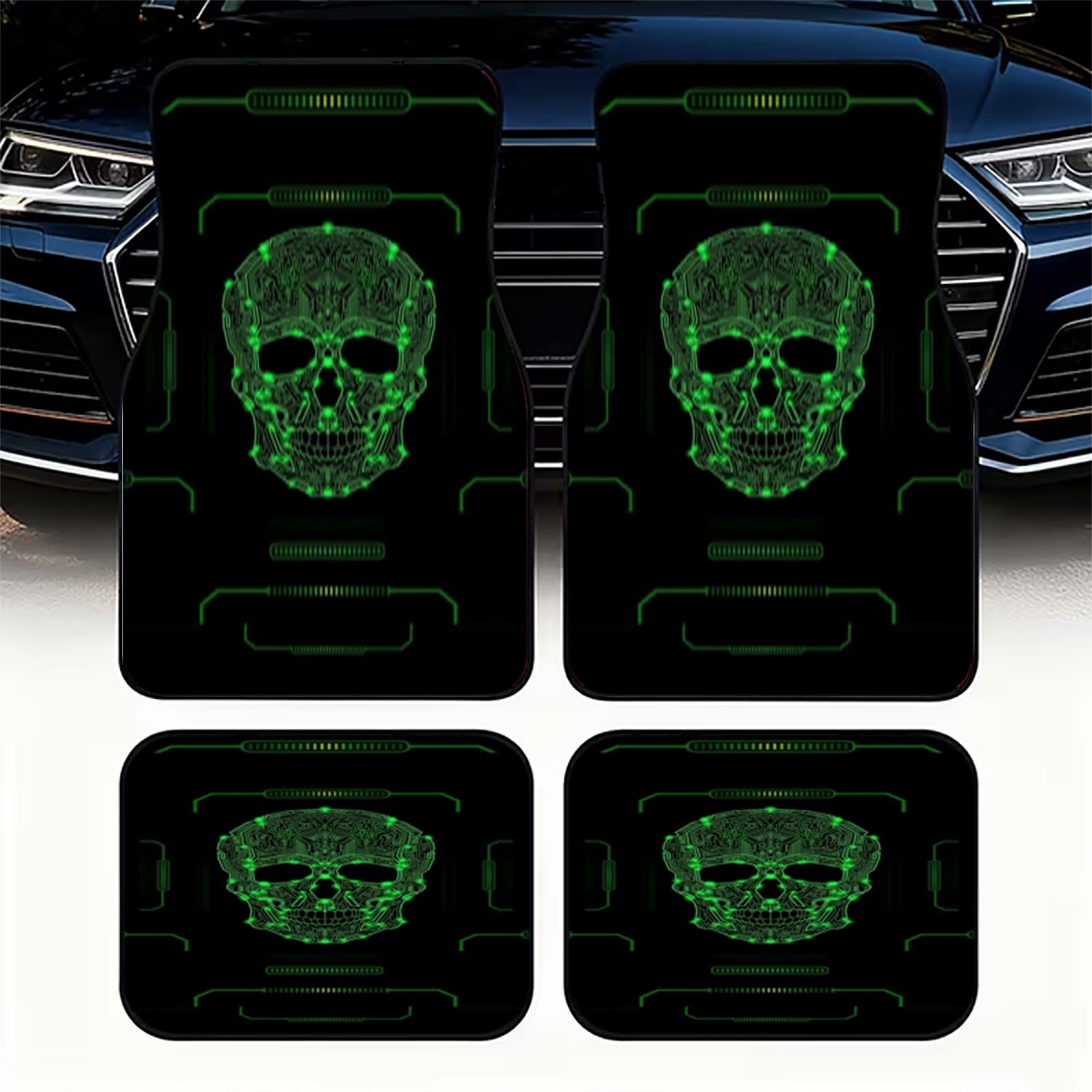 Tech Accessories Luxury - Cyberpunk Totenkopf Auto-Fußmatten, 4-teiliges Set, High-Tech