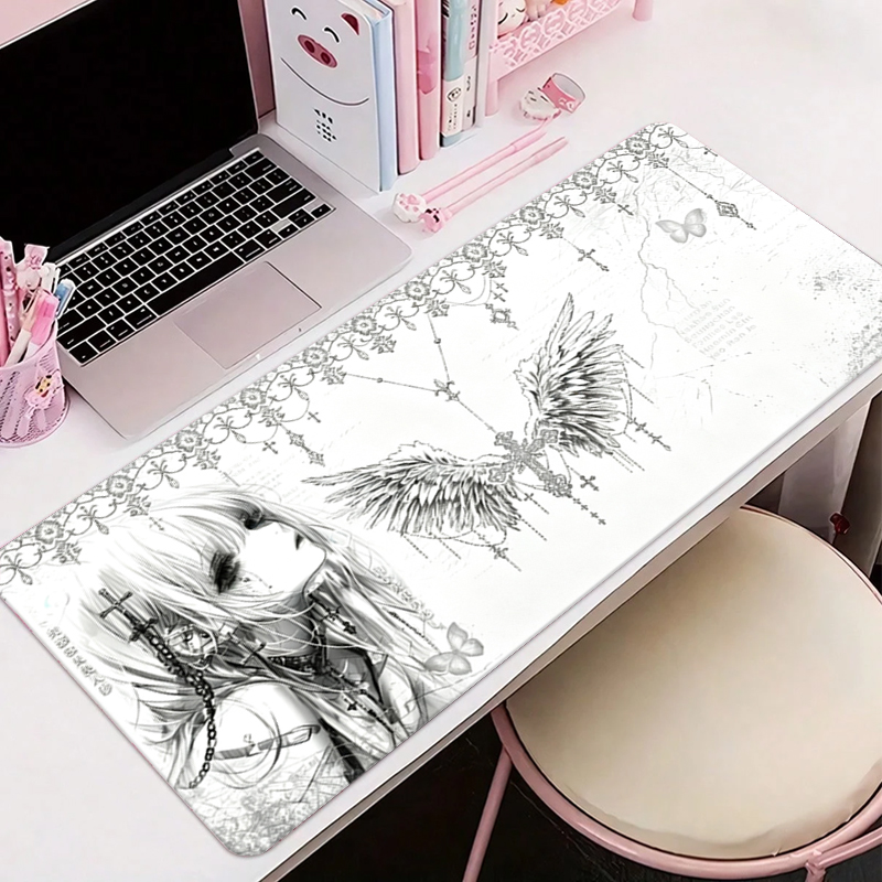 Tech Accessories For Office Desk - Leder-Mauspad Schwarz Weiß Anime Ästhetik Engel-Mädchen